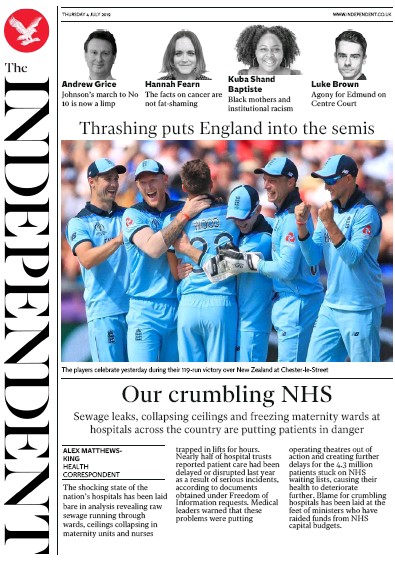 The Independent Newspaper Front Page for 4 July 2019