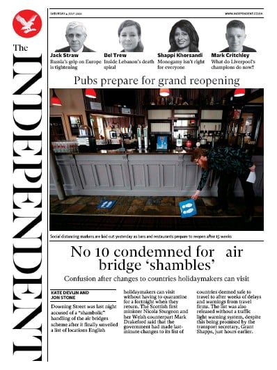 The Independent Newspaper Front Page for 4 July 2020