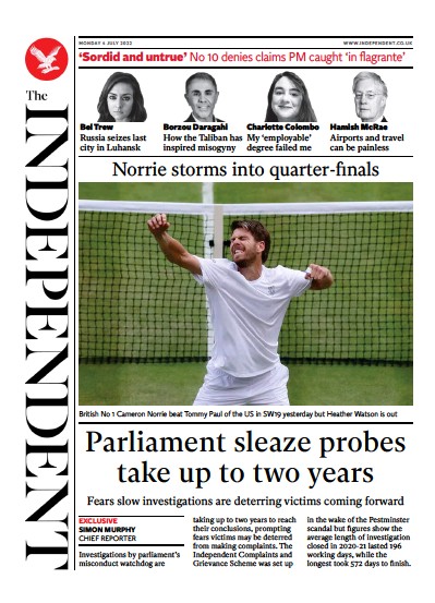The Independent Newspaper Front Page for 4 July 2022