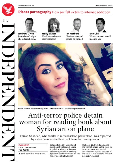 The Independent Newspaper Front Page for 4 August 2016