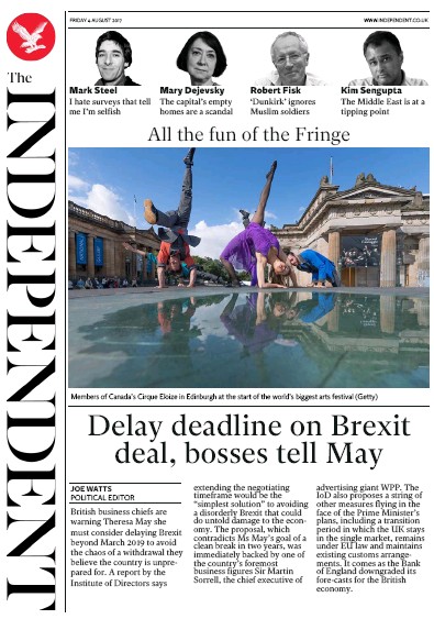 The Independent Newspaper Front Page for 4 August 2017