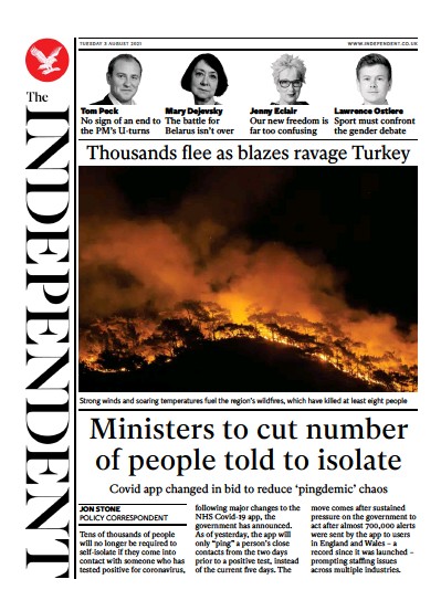 The Independent (UK) Newspaper Front Page for 4 August 2021