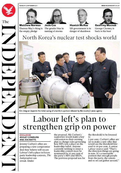 The Independent Newspaper Front Page for 4 September 2017