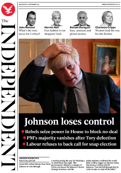 The Independent Newspaper Front Page for 4 September 2019