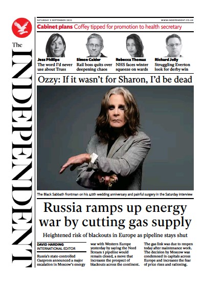 The Independent (UK) Newspaper Front Page for 4 September 2022