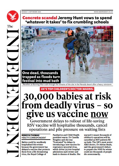 The Independent (UK) Newspaper Front Page for 4 September 2023