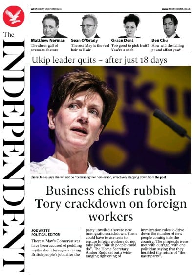 The Independent Newspaper Front Page for 5 October 2016