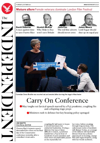 The Independent Newspaper Front Page for 5 October 2017