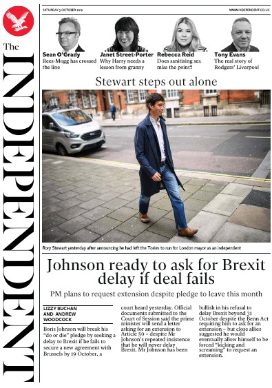 The Independent Newspaper Front Page for 5 October 2019