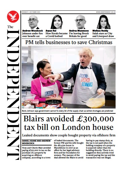 The Independent (UK) Newspaper Front Page for 5 October 2021