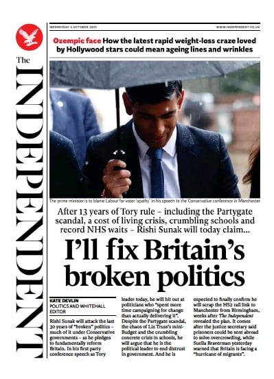 The Independent (UK) Newspaper Front Page for 5 October 2023