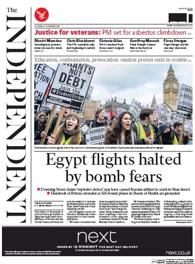 The Independent Newspaper Front Page for 5 November 2015