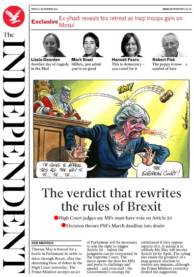 The Independent Newspaper Front Page for 5 November 2016