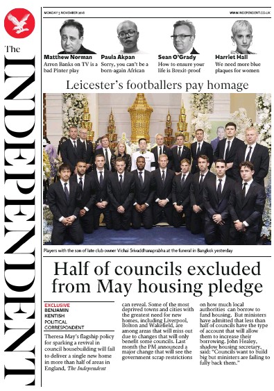 The Independent (UK) Newspaper Front Page for 5 November 2018