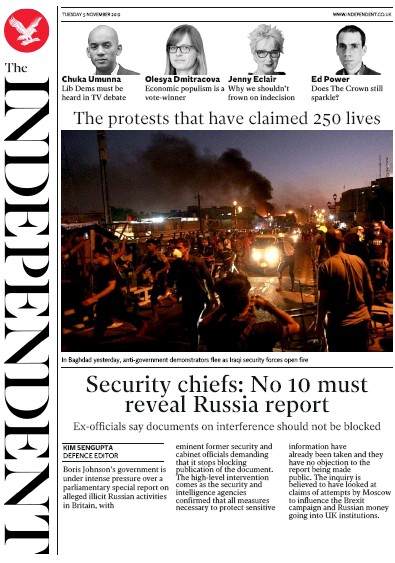 The Independent Newspaper Front Page for 5 November 2019