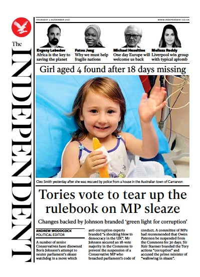 The Independent (UK) Newspaper Front Page for 5 November 2021