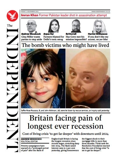 The Independent (UK) Newspaper Front Page for 5 November 2022