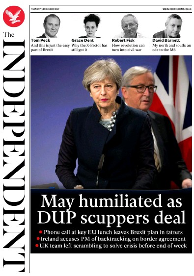 The Independent Newspaper Front Page for 5 December 2017