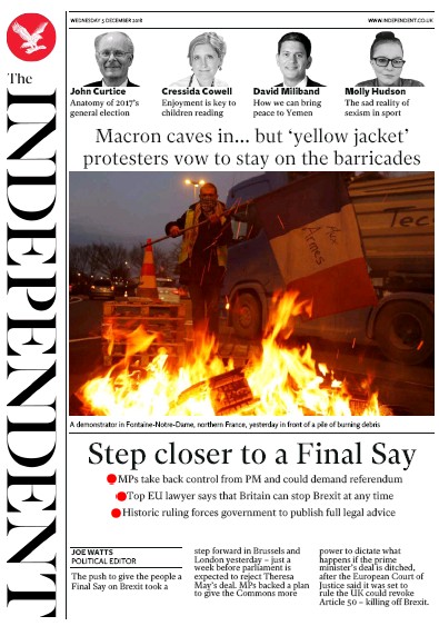 The Independent Newspaper Front Page for 5 December 2018