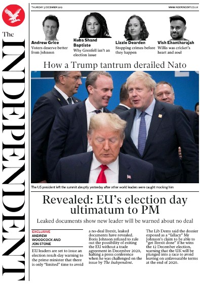 The Independent Newspaper Front Page for 5 December 2019