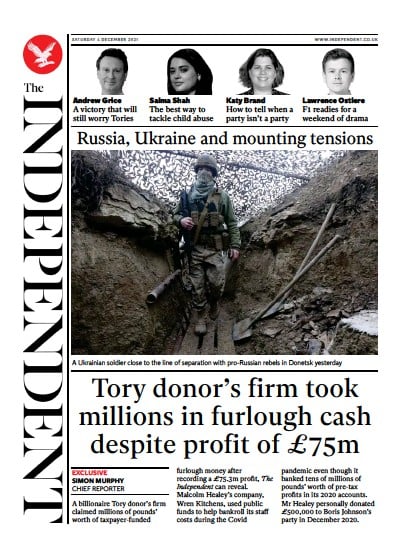 The Independent (UK) Newspaper Front Page for 5 December 2021