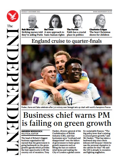 The Independent (UK) Newspaper Front Page for 5 December 2022