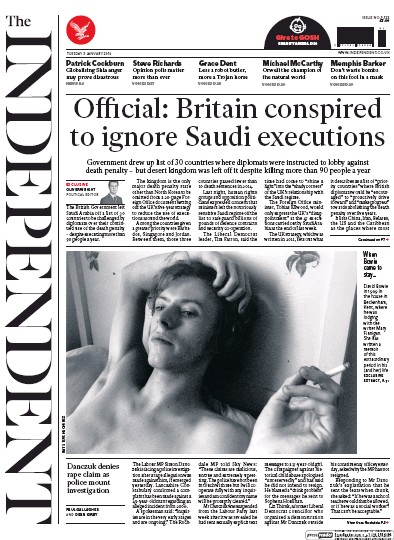 The Independent (UK) Newspaper Front Page for 5 January 2016