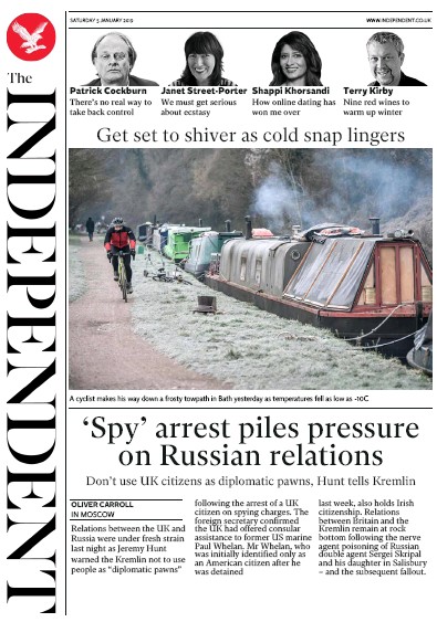 The Independent Newspaper Front Page for 5 January 2019