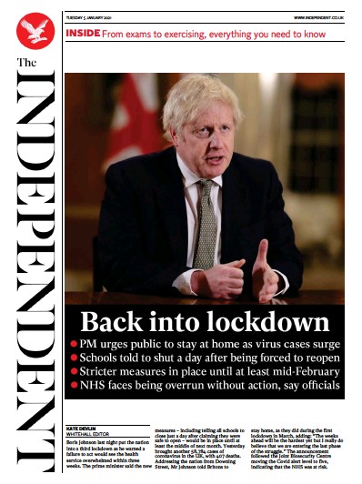 The Independent (UK) Newspaper Front Page for 5 January 2021