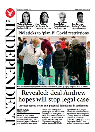 The Independent (UK) Newspaper Front Page for 5 January 2022