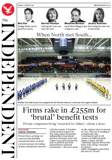 The Independent Newspaper Front Page for 5 February 2018