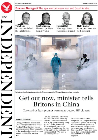 The Independent Newspaper Front Page for 5 February 2020