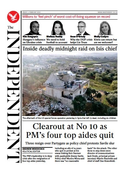 The Independent (UK) Newspaper Front Page for 5 February 2022