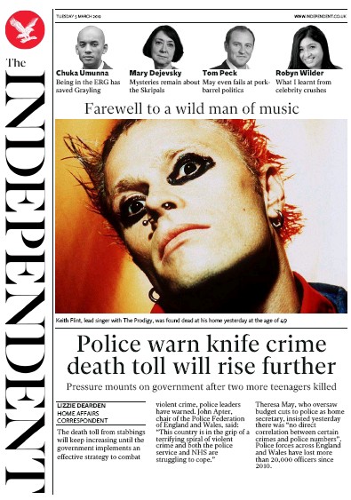 The Independent Newspaper Front Page for 5 March 2019