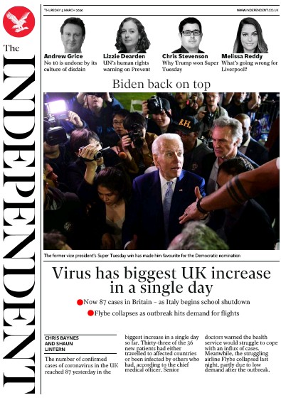 The Independent Newspaper Front Page for 5 March 2020