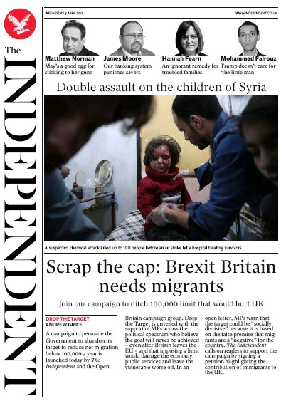 The Independent (UK) Newspaper Front Page for 5 April 2017