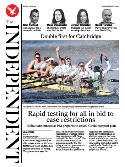 The Independent (UK) Newspaper Front Page for 5 April 2021