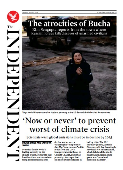 The Independent Newspaper Front Page for 5 April 2022