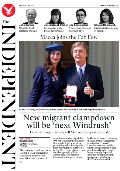 The Independent Newspaper Front Page for 5 May 2018