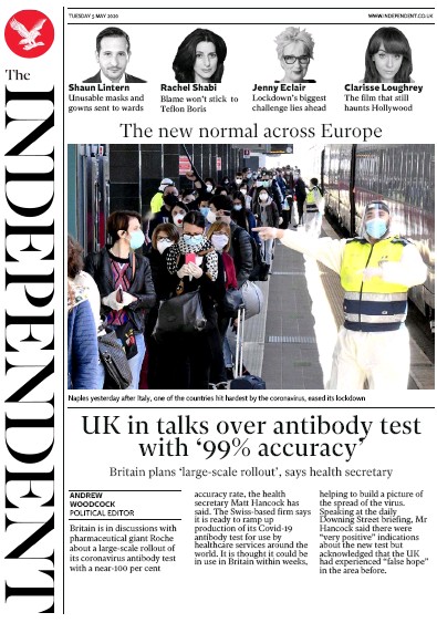The Independent (UK) Newspaper Front Page for 5 May 2020