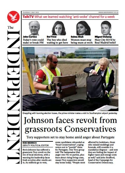 The Independent (UK) Newspaper Front Page for 5 May 2022