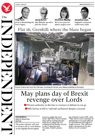 The Independent Newspaper Front Page for 5 June 2018