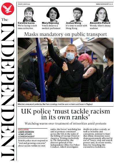 The Independent Newspaper Front Page for 5 June 2020
