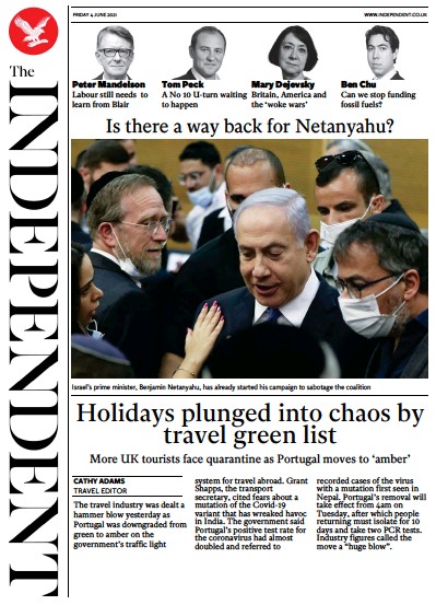 The Independent Newspaper Front Page for 5 June 2021