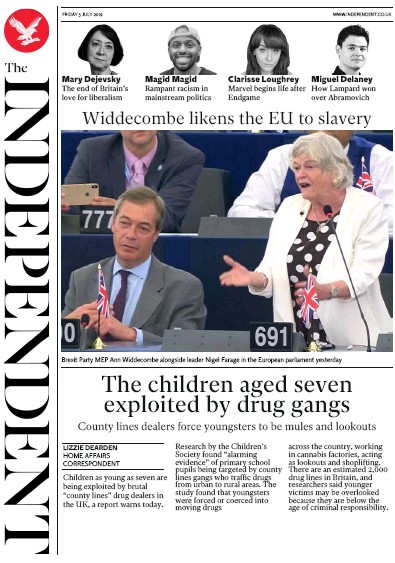 The Independent Newspaper Front Page for 5 July 2019