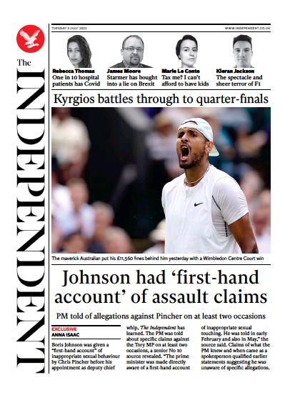 The Independent (UK) Newspaper Front Page for 5 July 2022