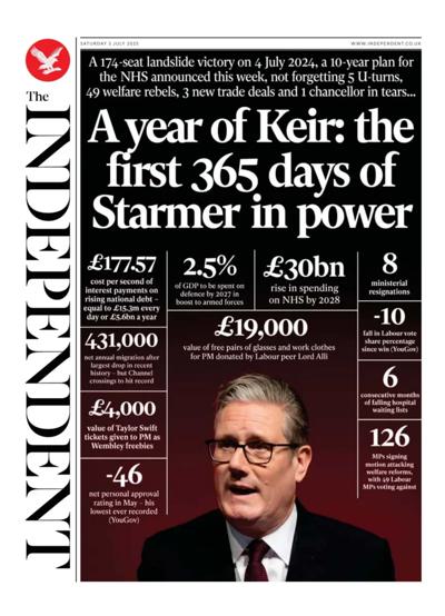 The Independent (UK) Newspaper Front Page for 5 July 2025