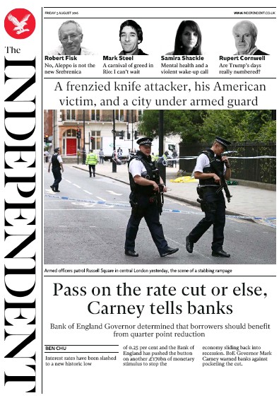 The Independent Newspaper Front Page for 5 August 2016