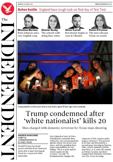 The Independent Newspaper Front Page for 5 August 2019