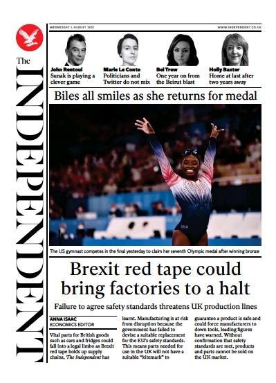 The Independent (UK) Newspaper Front Page for 5 August 2021
